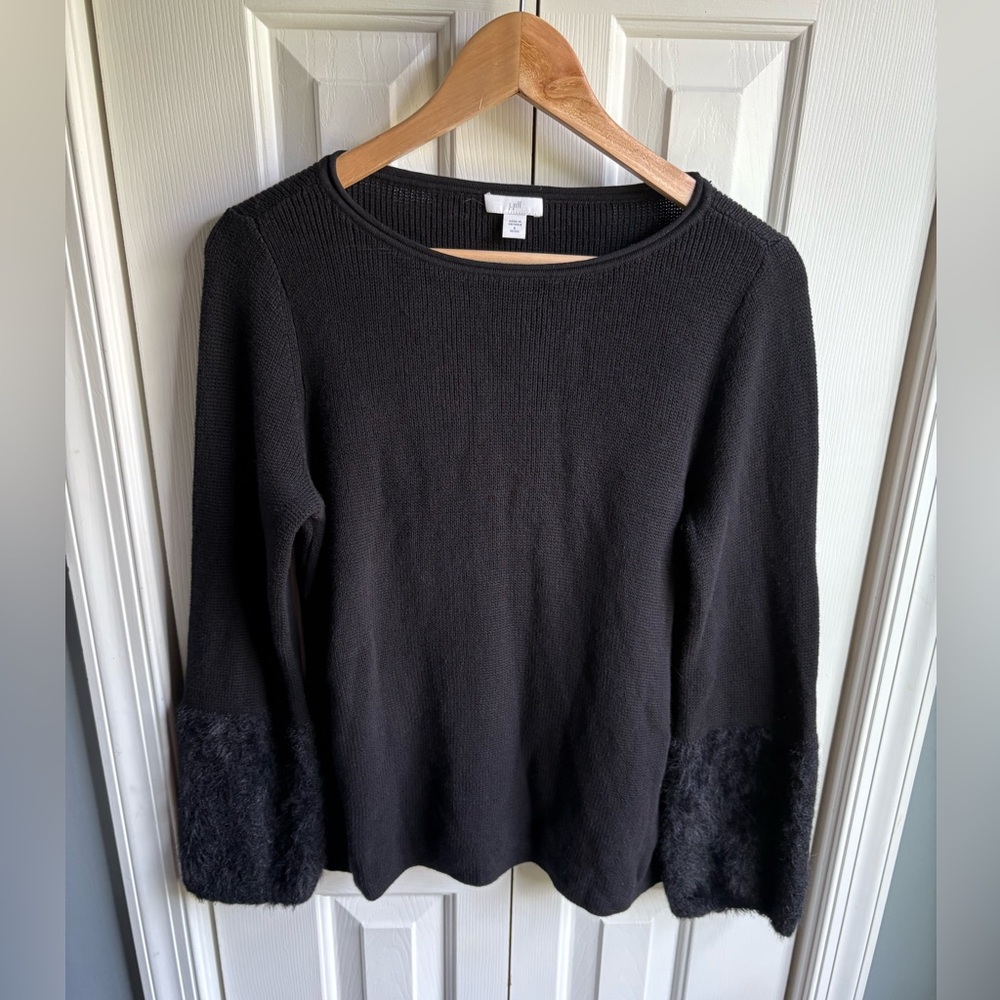 J Jill Womens Black Long Sleeve Pullover Sweater Faux Fur Cuffs Small Petite